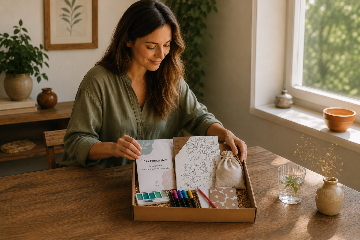 Solène prépare avec soin les objets et les petites attentions de Ma Pause Box
