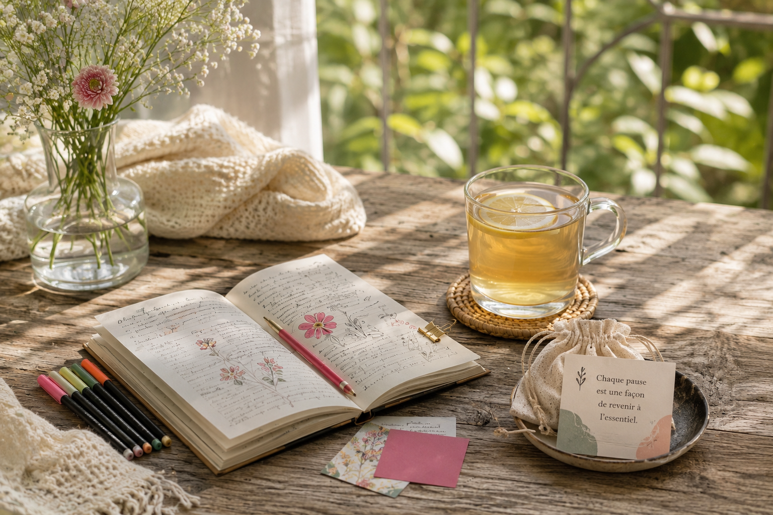 Une lettre manuscrite, une tasse de thé et des fleurs séchées sur un bureau doux